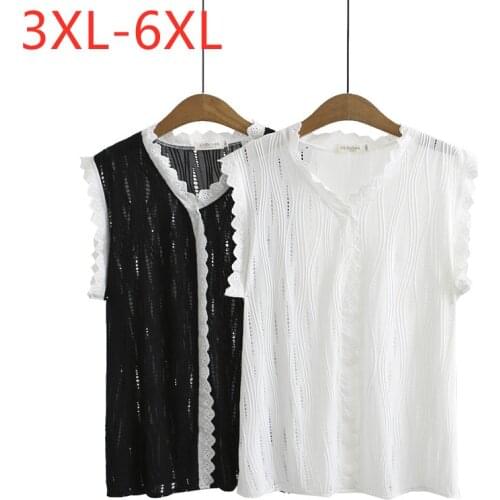 New 2021 Ladies Summer Plus Size Knit Tops For Women Large Blouse Sleeveless Slim Cotton White Lace V-neck Shirt 3XL 4XL 5XL 6XL
