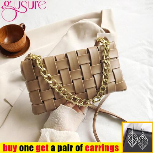 Gusure PU Leather Braided Bag for Female Luxury Womens Weave Design Shoulder Bags with Chain Underarm Bags Summer Purse