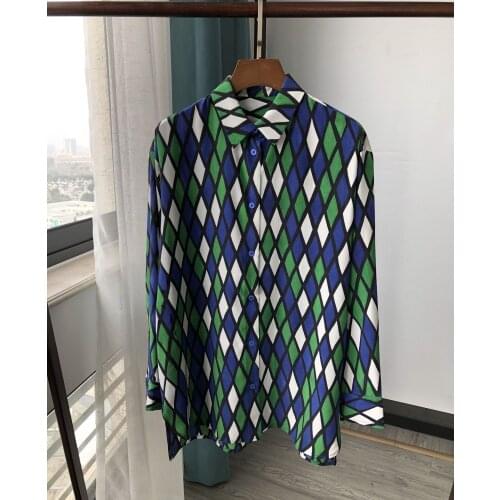Women Shirt Blue Green Diamond Plaid Silk Shirt New Double Sand Wash Silk Blouse Women