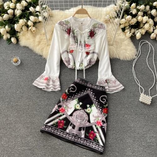 Europe Style 2021 Autumn Women Flare Sleeve Retro Floral Print Ruffles Shirts + A Line Skirt Two Piece Set Female Suits Outfit