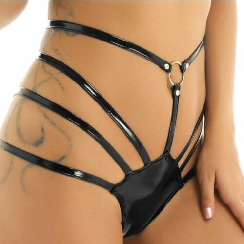 Women Bikini Patent Leather Adjustable Waist High Cut Sexy Bottom Panties Nightclub Party Festival Rave Costume Pole Dance Short