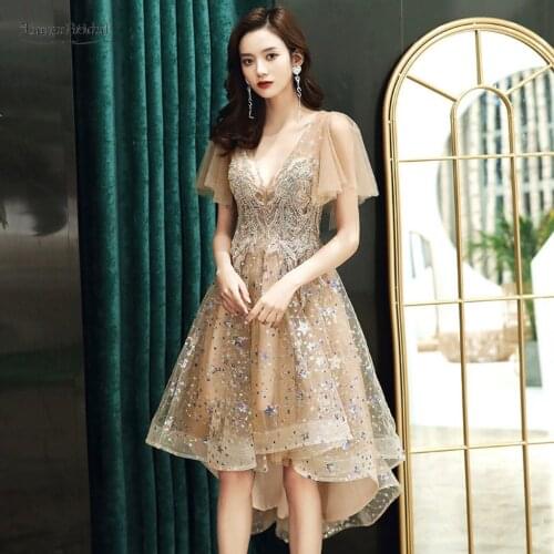 A Line Champagne Prom Dresses Short High Low Little Star 2021 Simple Women vestido de fiesta de boda Evening Party Dress JQ803