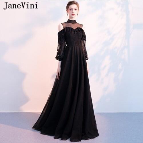 JaneVini Sexy Black Tulle Bridesmaid Dresses A Line High Neck Lace Long Sleeve Floor Length Sheer Back Women Wedding Party Dress