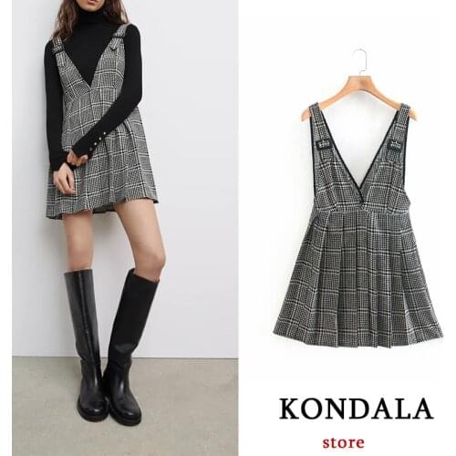 KONDALA Za Fashion Women Dress Plaid Print V Neck A-Line Mini Dress Vintage Draped Elegant Mujer Vestidos
