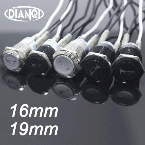 1Pc 16mm 19mm silver/black momentary/latching push button switch with illuminated horn symbol Free Shipping High Quality