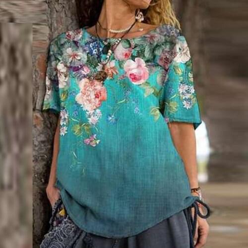 Retro Abstract Flower Print Blouse Shirts Women Spring O Neck Irregular Tops Pullover Summer Short Sleeve Loose Streetwear Blusa