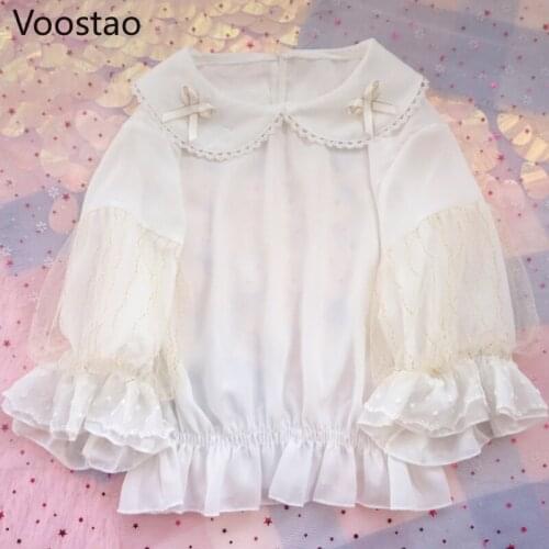 Japanese Sweet Lolita Style Blouses Women Cute Peter Pan Collar Lace Puff Sleeve JK Shirts Girls Kawaii Bow Chiffon Blusas Mujer