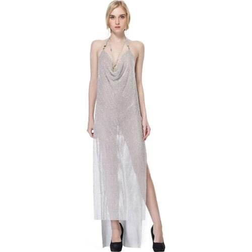 S Curve Handmade Crystal Gown Party Dress Body Chain Backless Rhinestone Split Long Dress Nightclub