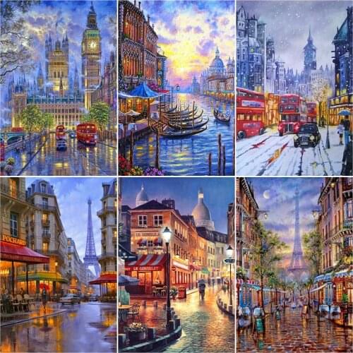 EverShine Diamond Embroidery Street Landscape Full Square Diamond Painting Bell Tower Scenery Rhinestone Mosaic Art Home Decor