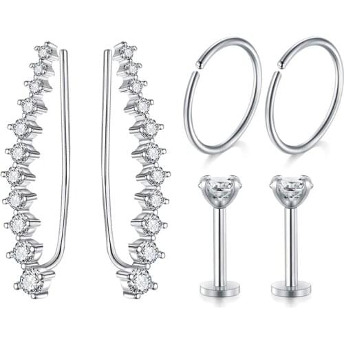 Ear Cuffs Climber Earrings Crawler Earring Studs with 11 Round Cut White CZ for Pierced Ear for Women Girls
