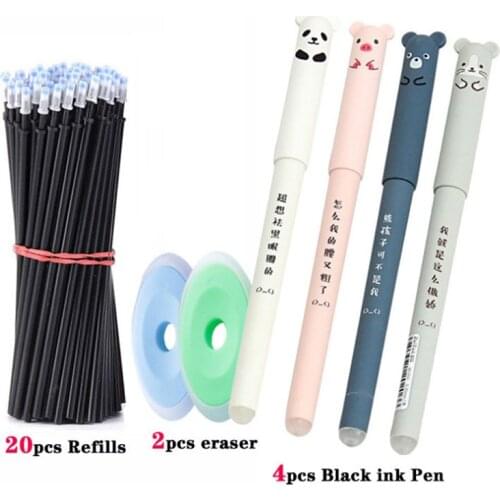 Kawaii Erasable Gel Pen Set Cartoon Animals Erasable Pen Erasable Refill Rod Washable Handle Pen Grip Blue Black Ink Stationery