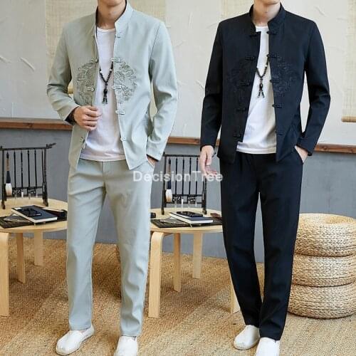 2021 chinese traditiona tang suit mens full sleeve tops+ pants set kung fu tang suit vintage embroidery hanfu men tracksuit