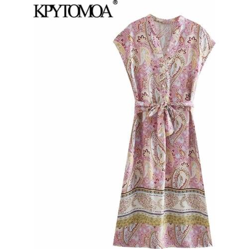 KPYTOMOA Women 2021 Fashion With Belt Paisley Print Midi Dress Vintage Sleeveless Side Slit Hem Female Dresses Vestidos Mujer