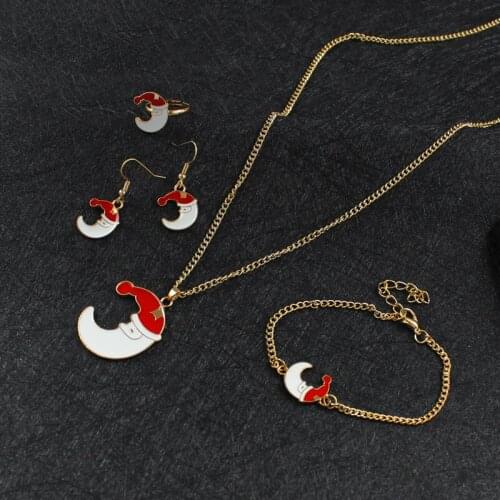 Cute Red Christmas Hat Moon Pendant Necklace 4 Piece Set Fashion Glamour Jewelry Send Friends Christmas Gifts