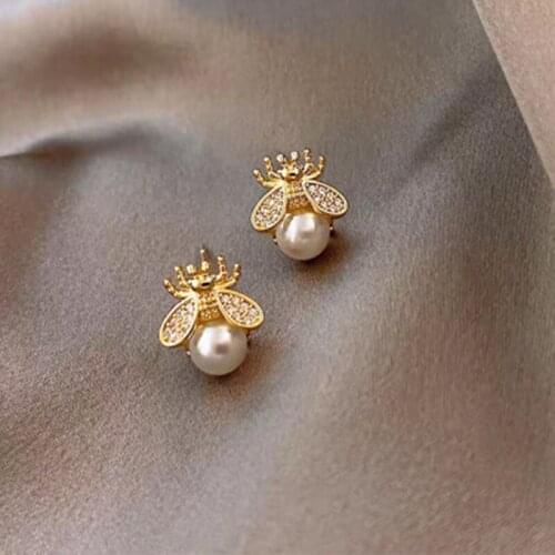Fashion Cute Little Bee Earrings for Women Luxury Creativity Pearl High Quality Jewelry Inlaid Zircon Korean Version Party Hot
