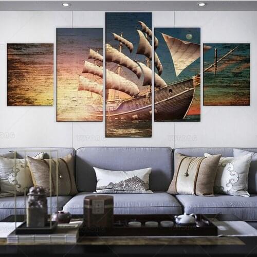 Modular 5 Pieces Sun Boat Pirate Sailboat Sea Rover Moon Sunset Poster Canvas Art Prints Wall Picture Painting Home Decor Office