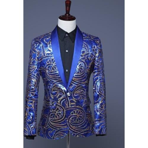 Mens Floral Sequin Slim Fit Shawl Lapel Suit Jacket Tunic Blazer Dance Show Fancy Dress Formal Casual Red Blue 903-B487