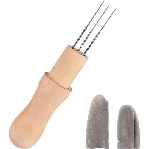LMDZ Wool Felt Poke Needle Tool Set Solid Wooden Handle Three Needle Craft Felt Needle with Random Color Leather Finger Cots