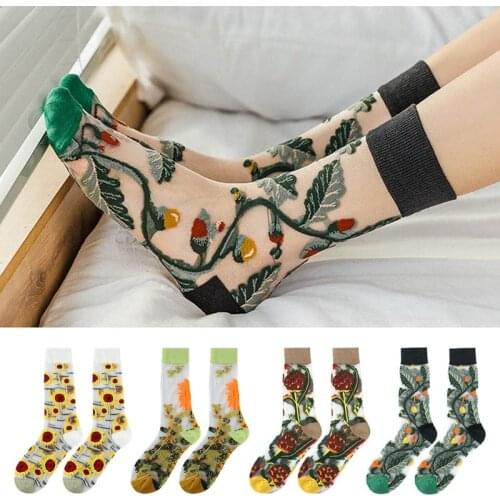 Creative Harajuku New Product Crystal Silk Tide Socks Funny Sunflowers Vines Flowers Happy Women Socks Casual High Quality Sox