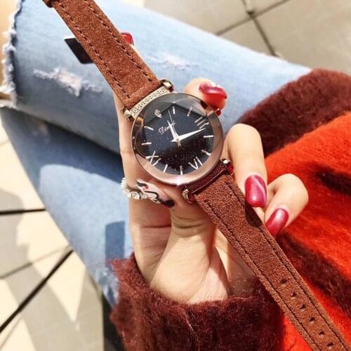 Popular Brand Women Caramel Watches Waterproof Real Fur Leather Strap Watch Vintage Roman Wrist watch Quartz Multi Faceted Glass