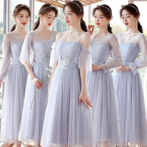 Sexy Elegant Bridesmaid Dress Slim Gray Pink Lace Mesh Wedding Robes De Cocktail Christmas Birthday Host Vestidos Formales 1348