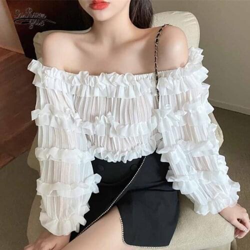 Chic Curly Stitching Off Shoulder Clothing Slash Neck Pleated Pullover Chiffon Blouse Slightly Transparent Short Women Top 12370