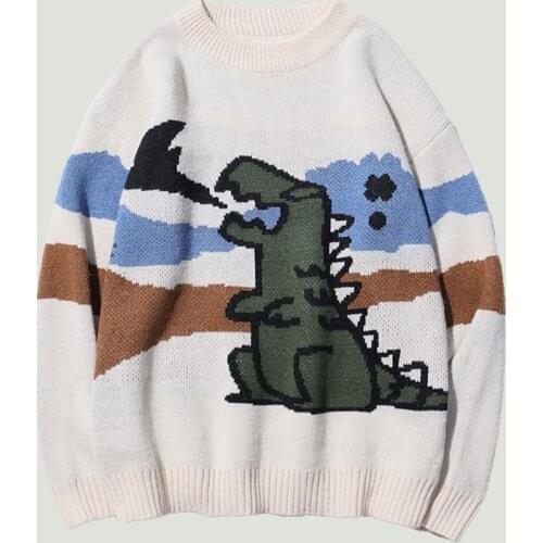 Hip Hop Cartoon Dinosaur Printed Sweater Pullover Mens Harajuku Korean Style Round Neck Loose Casual Knitted Pull Sweaters Male