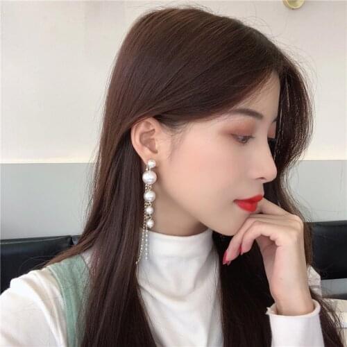 TIMEONLY Delicate Simulation Pearl Drop Earrings Beading Linked Chain Long Tassel Earrings for Women Female Luxury Accessories
