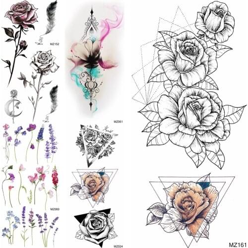 Geometric Flower Temporary Tattoos Sticker Watercolor Lavender Rose Tattoos DIY Fake Waterproof Body Art Tattoos For Women Men