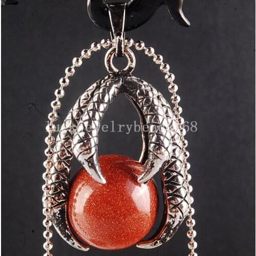 Free Shipping Women Fashion Jewelry Beautiful Goldstone Dragon Claw Ball Round Pendant Bead with Chain C3850
