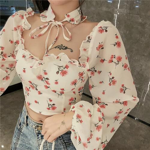 Flower print sexy club floral short women tops blouse bodycon slim shirts choker ruffles lace up top blusas mujer de moda x11
