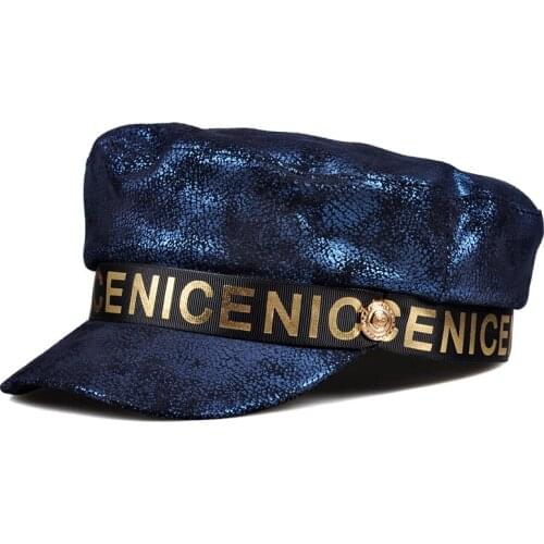 Winter European/American Retro Female Letters Printed Genuine Leather Blue Hat Women Navy Caps Student Flat Top Hip Hop Chapeu