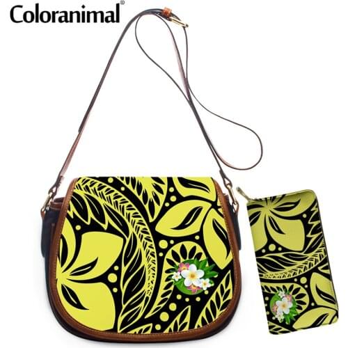 Coloranimal Fashion Polynesian Tribal Coral Plumeria Printing Female Shoulder Bag 2Pcs/Set Crossbody Bag&Purse for Women Totes