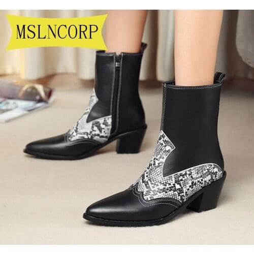 Plus Size 34-46 Women Boots Female Autumn Winter PU Leather Casual Ankle Boots Pointed Heel High Woman Booties Snake Shoes