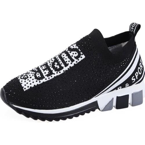 Womens Sports Shoes Rhinestone Decor lettered Simple Design Mesh Breathable Lightweight Comfy All Match Faddish Sneakers