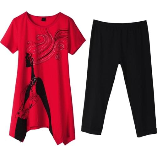 M-5XL Womens Summer Sports Suit New Casual Large Size Womens Tops + Cropped Pants Fashion 2 Sets Of Womens Loose Suit