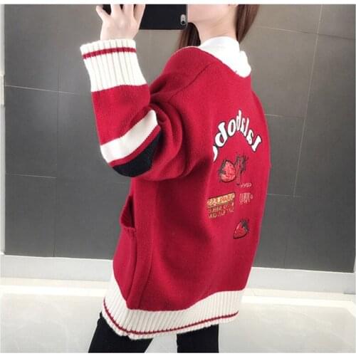 2020 Womens Sweater Thickened Single-breasted Embroidery V-neck Strawberry Sweater Cardigan Women Loose Invierno Sweater Z835