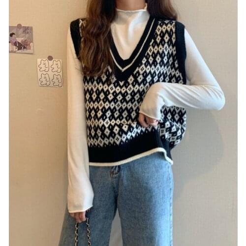 Women Sweater Vest Autumn Pattern Knitted Vest Women V-neck Loose Sleeveless Vestchalecos Para Mujer