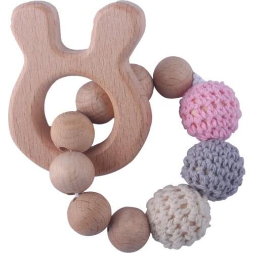 New 1PC Wooden Teether Rabbit Elephant Crochet Beads Wood Crafts Ring Engraved Bead Baby Teether Wooden Toys For Baby Rattle