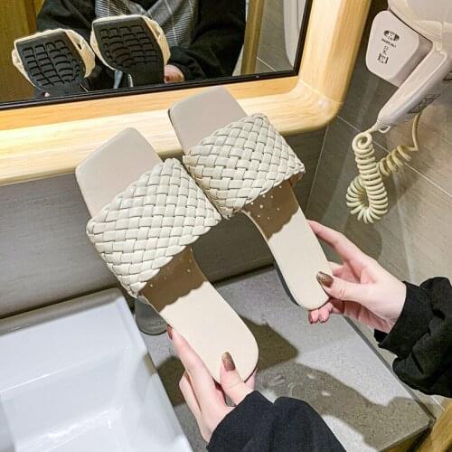 2021 Summer Women Slippers Adult Slides PU Fashion Solid Soft Sole Brand Knitting Outside Flat Low Heel Basic Lady Shoes 35-42