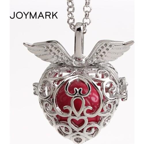 5pcs/lot Double Angle Wings Heart Shape Hollow Cage Mexican Chime Magic Box Bola Sound Ball Pendant Pregnancy Necklaces HCPN47