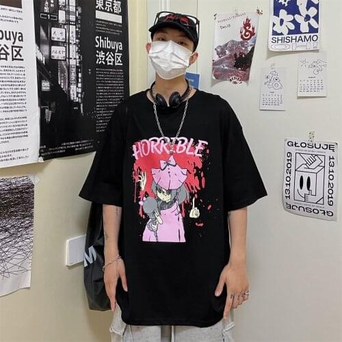 Black Magic Girl Japanese Animation High Street Fashion Brand Gothic Harajuku Short Sleeve T-shirt For Men And Women Casual Top