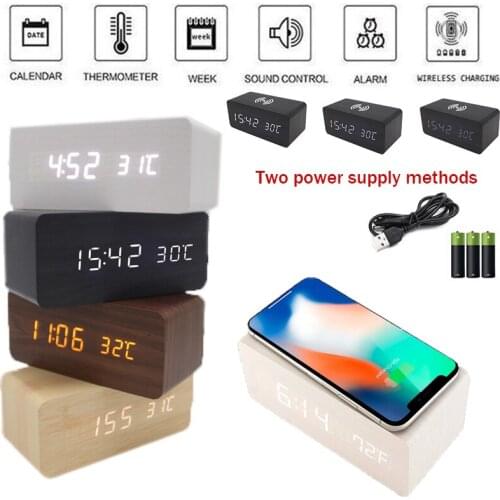 LED Wooden Alarm Clock Wireless Charger Digital Sound Control Temperature Date Display Clock Creative Living Room Decoration