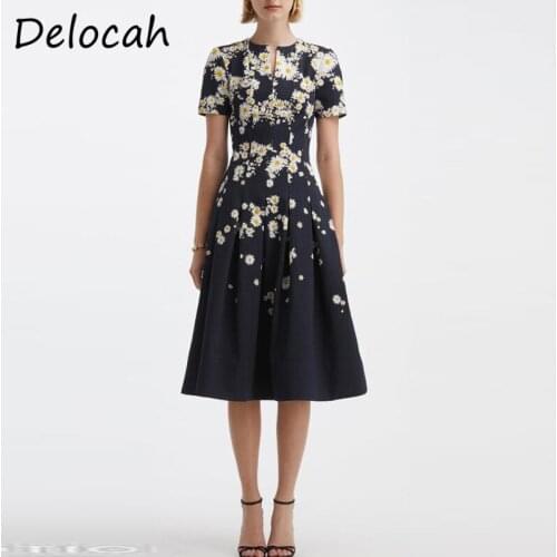 Delocah New 2021 Autumn Women Fashion Designer Party Midi Dress Short Sleeve Floral Printed Elegant Slim Ladies A-Line Dresses