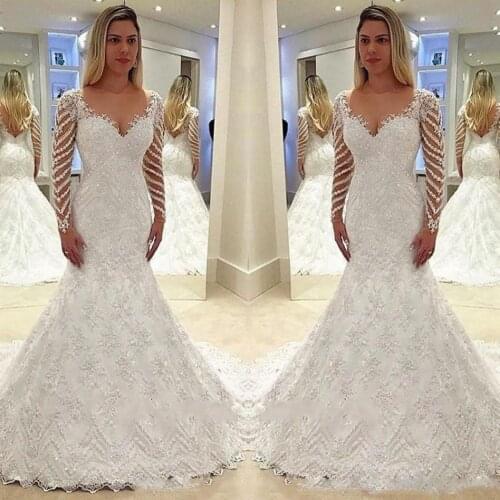 Lace Mermaid Wedding Dresses Sequined Beaded Appliques Long Sleeves Bridal Dress Sexy Backless Sweep Train Wedding Gowns