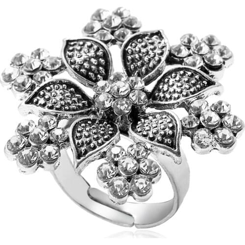 Hot Antiqued Silver Color Charms Hollow Flower Shaped Adjustable Rings for Women Men Finger Ring Fashion Jewelry