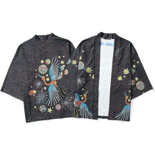 M-XXL Black Crane Street Trend Fashion Kimono Japanese Men Women Couples Wear Loose Harajuku Japan Robe Cosplay Shirts Tops