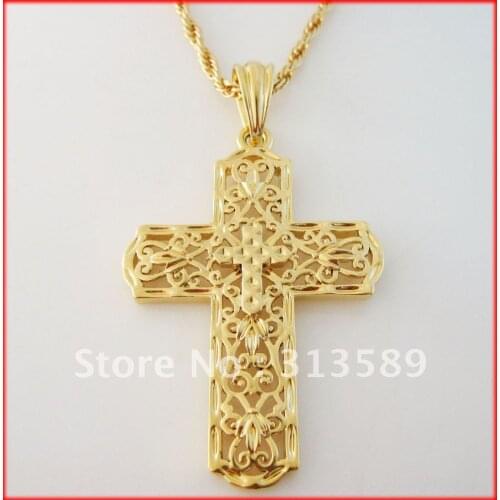 Min order 10$ can mix design / - YELLOW GOLD GP FILL BRASS 24" ROPE NECKLACE&JESUS CROSS GOD PENDANT/Great Gift Money Maker