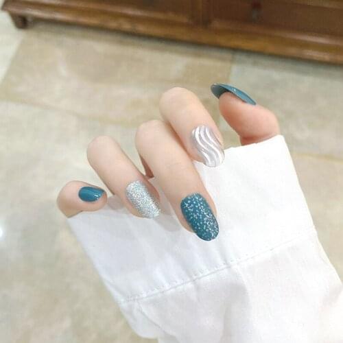 24Pcs Fake Nails Blue Gray Gold Foil Water Ripple Wear Nail Stickers DIY Slider Fully Covered Nail Decoration