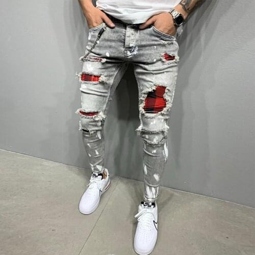 New Mens Skinny Ripped Jeans Fashion Grid Beggar Patches Slim Fit Stretch Casual Denim Pencil Pants Painting Jogging Trousers